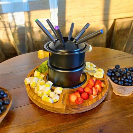 Conjunto Aparelho De Fondue Panela Carne Queijo Chocolate Serve 6 Pessoas Com Base Madeira...