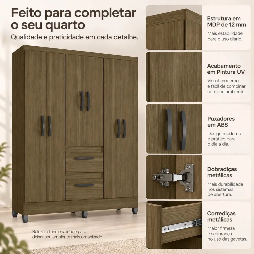 Guarda Roupa Solteiro 6 Portas 2 Gavetas Capri Poquema Cor Castanho