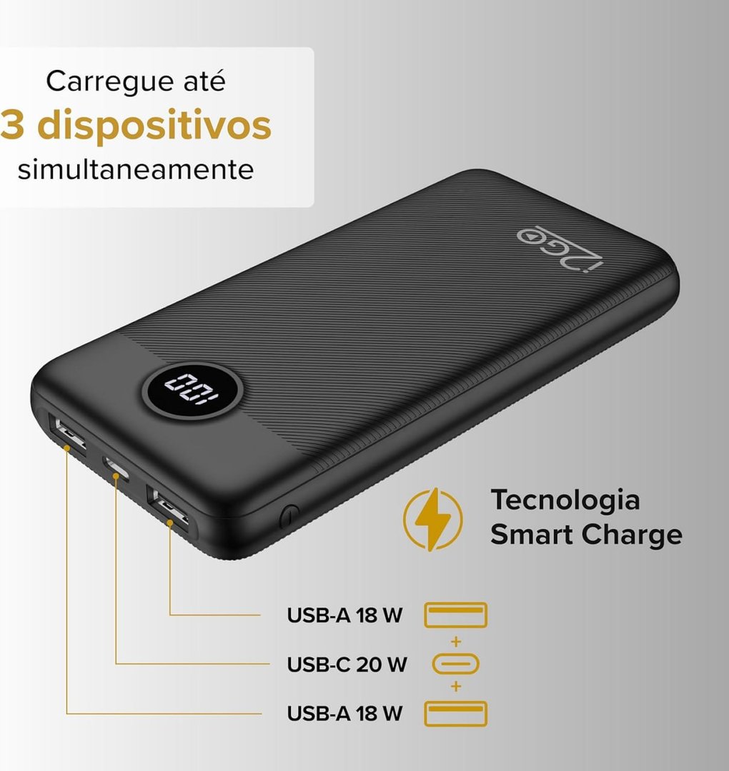 Carregador Portátil (Power Bank) Ultra Rápido 20000mAh com 2 Saídas USB + 1 Saída/Entrada ...