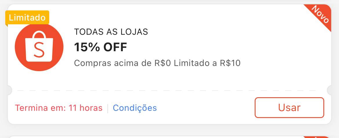 Cupom 15% Limitada a R$ 10 - Shopee