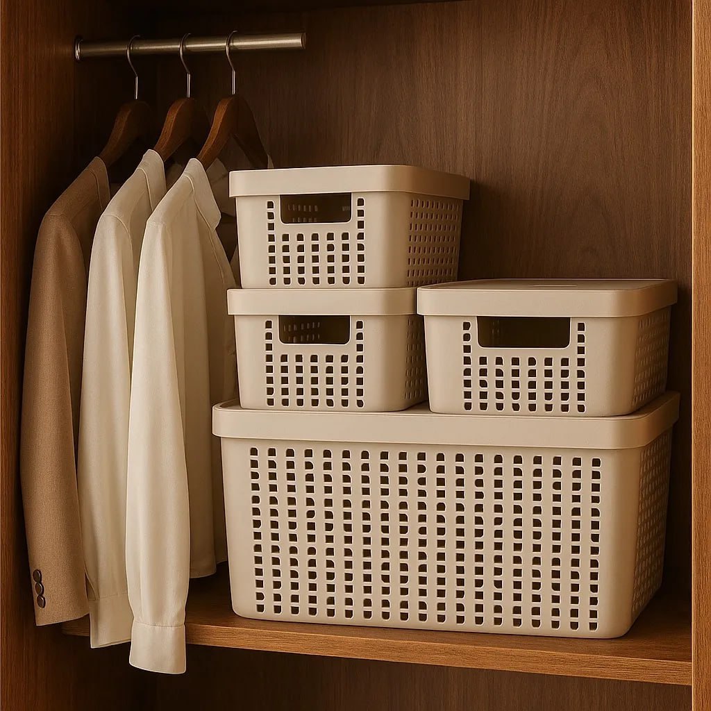 Kit 5 Caixas Organizadoras 2l 4,5l 17l Com Tampa Multiuso Cor Bege Liso