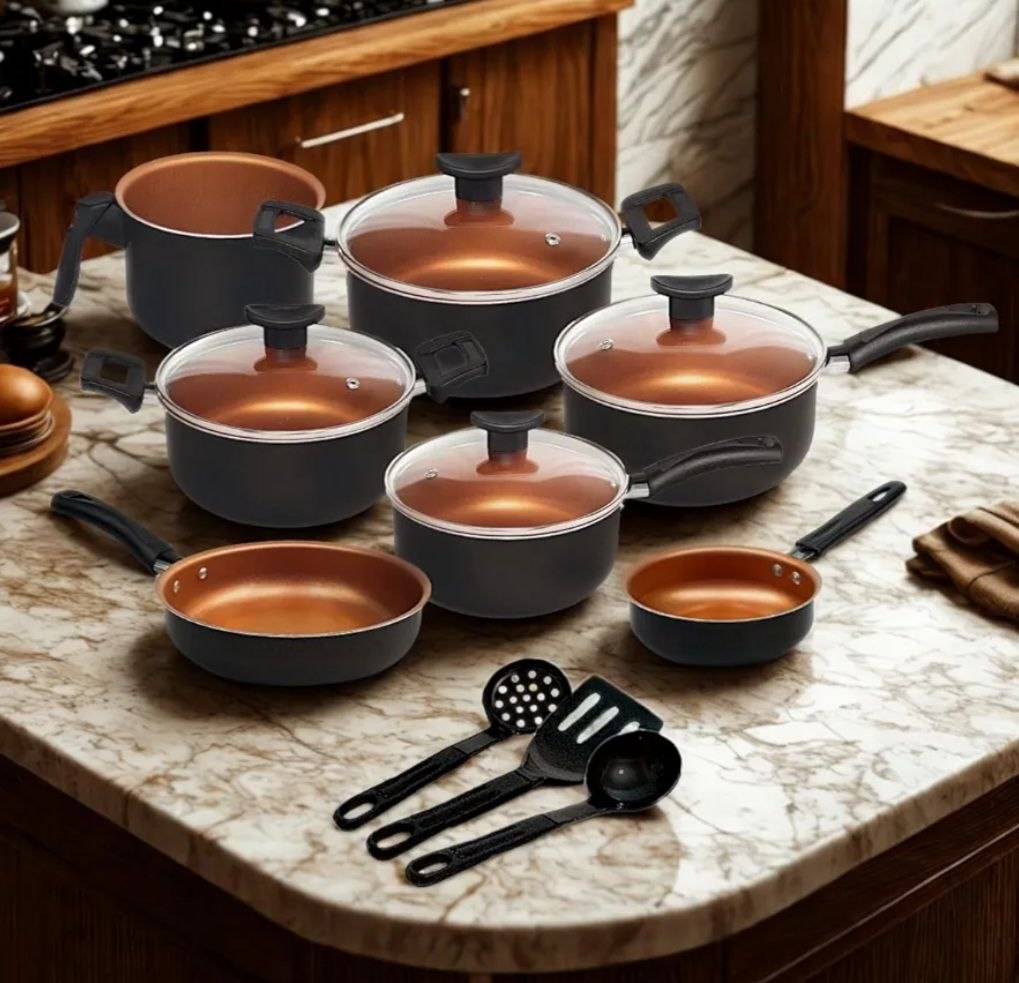 Conjunto de Panelas Antiaderente com Tampa de Vidro, 9 Peças, Revestimento Teflon, Cor Cob...