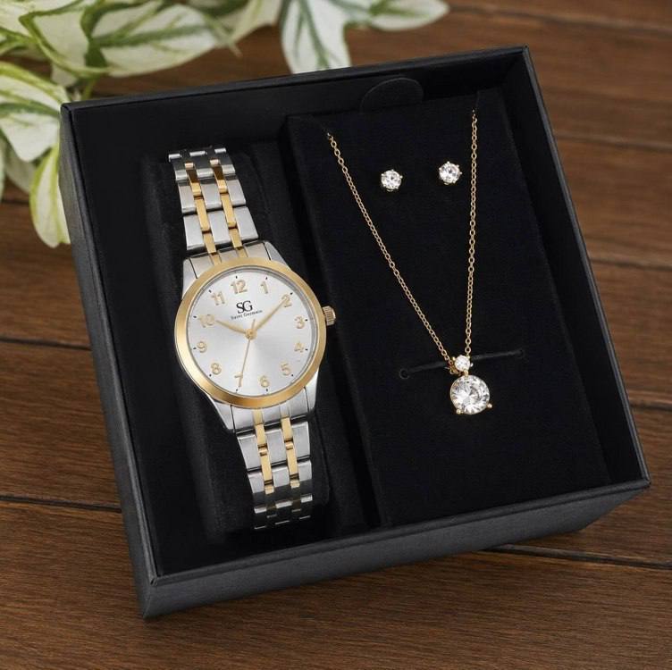 Kit Relógio Colar E Brincos Ponto De Luz Dourado E Prateado Feminino Luxo Saint Germain 28...