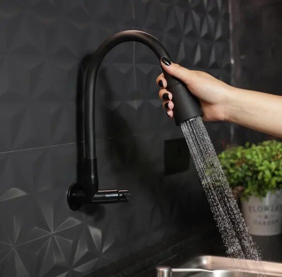 Torneira Gourmet Parede Cozinha Pia com Bica Flexível 2 Jatos Preta em ABS - Aromatec