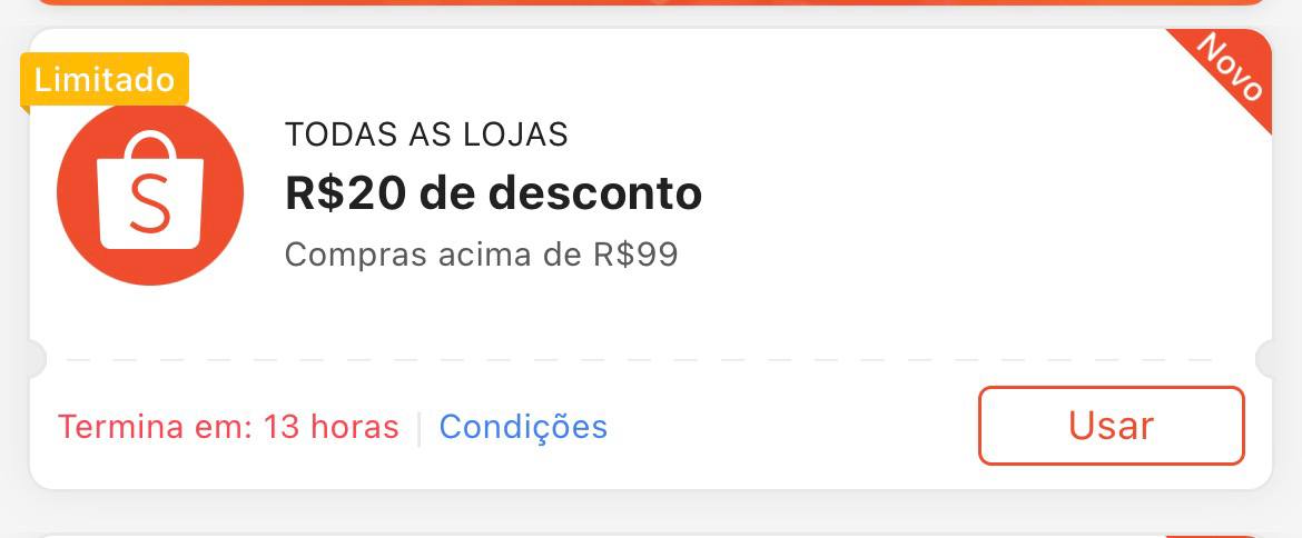 Cupom R$ 20 a partir de R$ 99 - Shopee