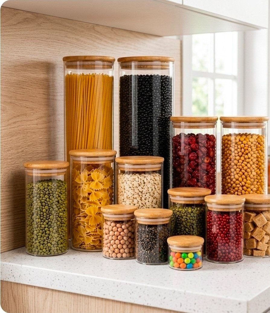 Kit 10 Potes Herméticos Vidro Tampa Bambu Seiri Para Mantimentos Cozinha Transparente
