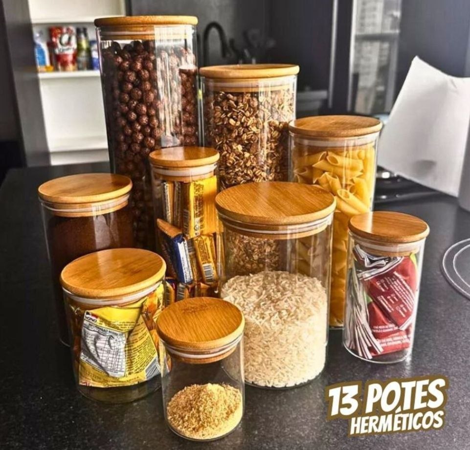 Kit 13 Potes De Vidro Herméticos Com Tampa De Bambu Organizador Para Mantimentos Grãos ...