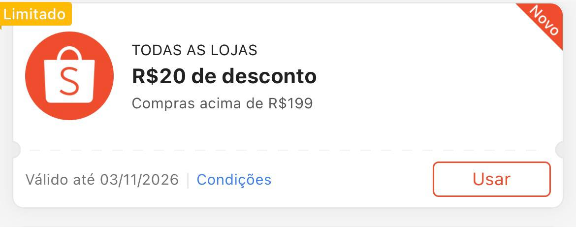 Cupom R$ 20 a partir de R$ 199 - Shopee