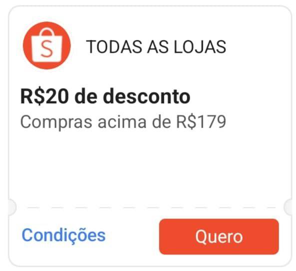 Cupom R$ 20 a partir de R$ 179 - Shopee