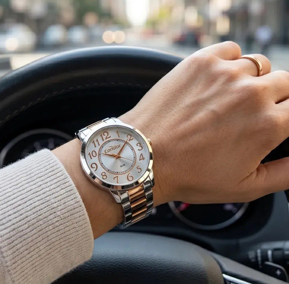 Relógio Condor Feminino Bicolor Fundo Prata com Caixa e Pulseira de Aço Inoxidável à Prova D` Água Casual e Social