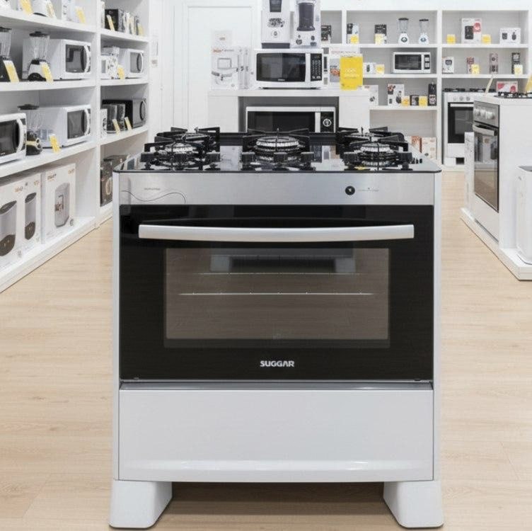 SUGGAR FOGÃO NEO GLASS PRATA MESA DE VIDRO 5 BOCAS TREMPE 6 APOIOS ACENDIMENTO AUTOMÁTICO FGVNG510PRIX
