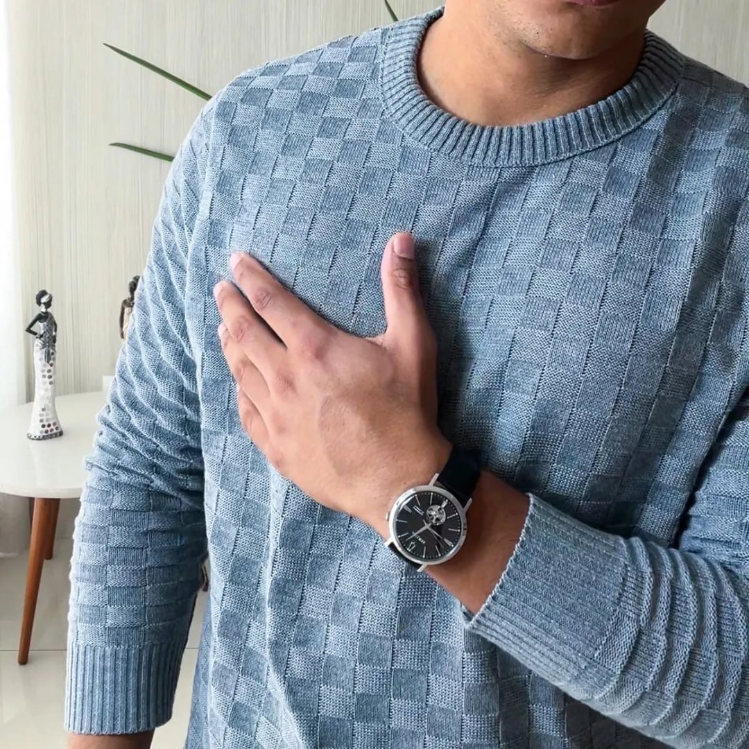Suéter Masculino Lã Tricot Manga Longa Xadrez Blusa De Frio