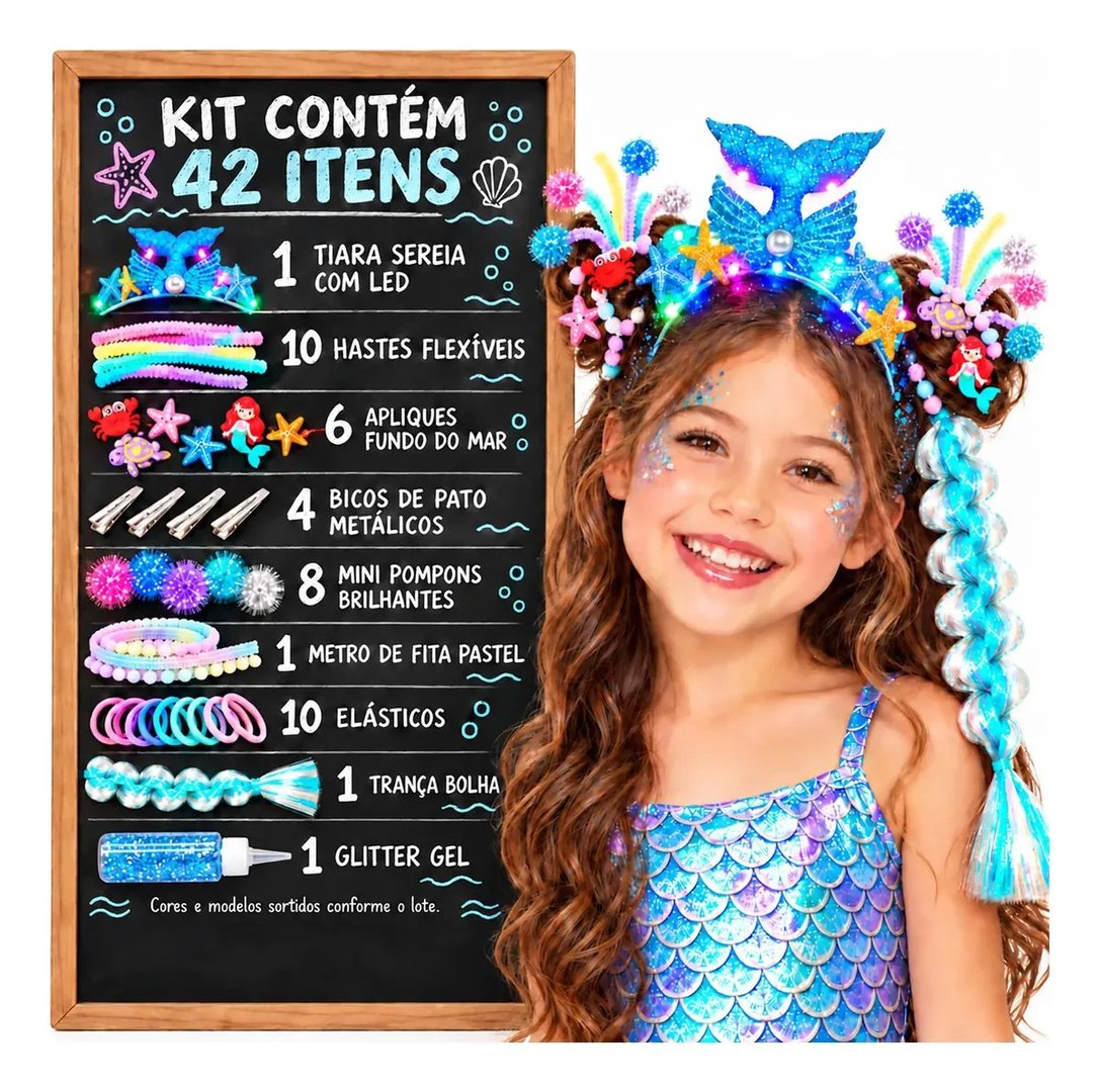 Kit Cabelo Maluco Sereia Fundo Do Mar Tiara Led 42 Itens Multicolorido