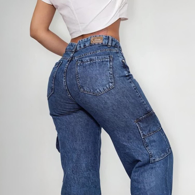 Calça Jeans Feminina Cargo Levanta Bumbum Cintura Alta 100%