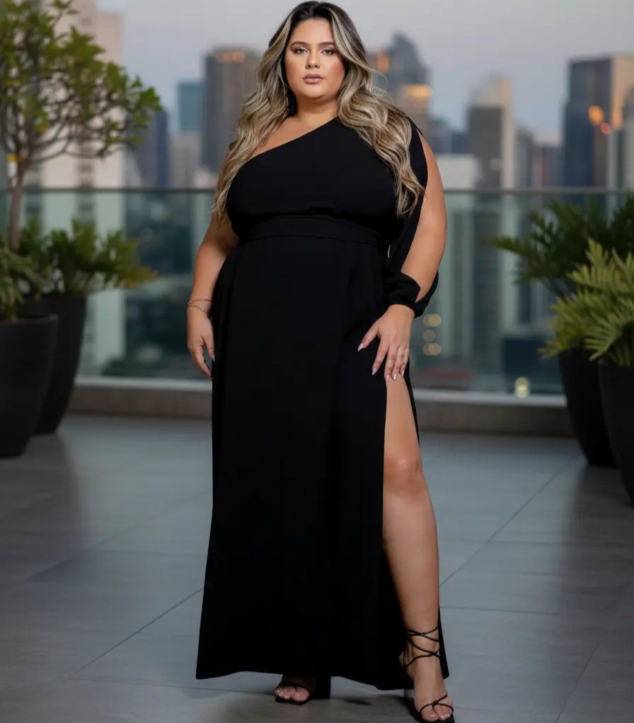 Vestido Longo AIRAM Plus Size Manga Única Fenda Feminino Tam. M ao G3 - 8 cores