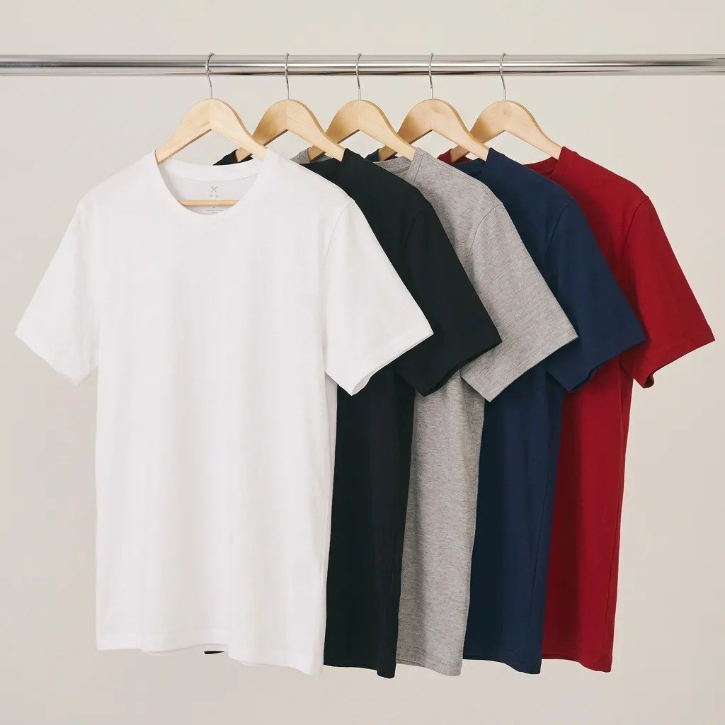 Kit com 5 camisetas Hering básicas penduradas em cabides, nas cores branca, preta, cinza, azul marinho e vermelha.