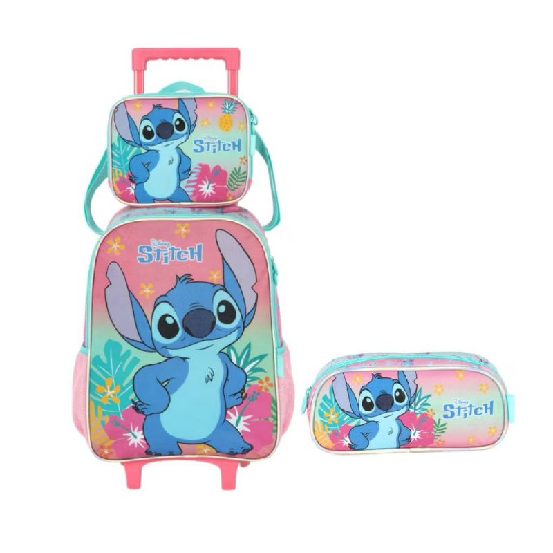 Kit Mochila Stitch Escolar Rodinhas Lancheira Luxcel Infantil Original