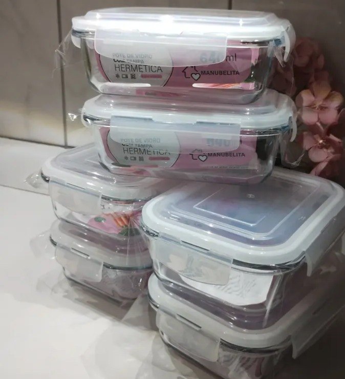Kit 6 Potes 640ml Vidro Hermético 4 Travas Marmita Refratario Star House Com 4 Travas De Super Vedação Branco