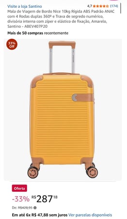 Mala de Viagem de Bordo Nice 10kg Rígida ABS Padrão ANAC com 4 Rodas duplas 360º e Trava d...