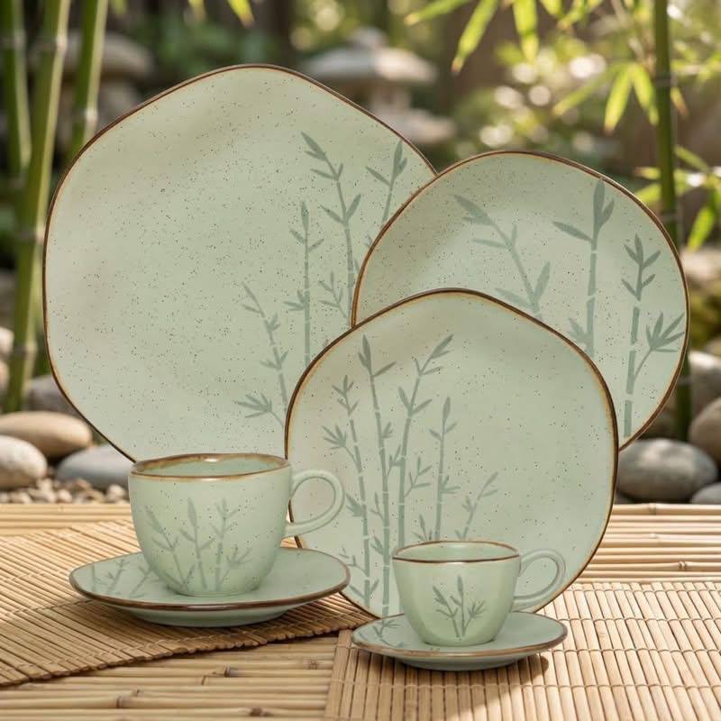 Aparelho De Jantar Verde Ryo Bambu 42 Peças Oxford Porcelana