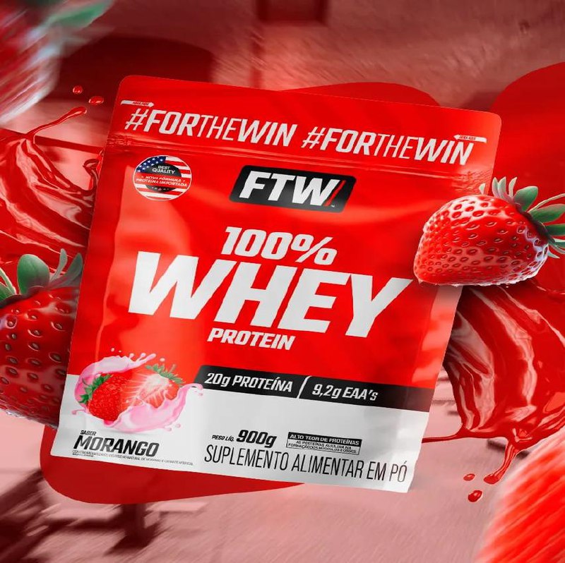 Whey Protein 100% Concentrado Refil 900g Sabor Morango - Ftw