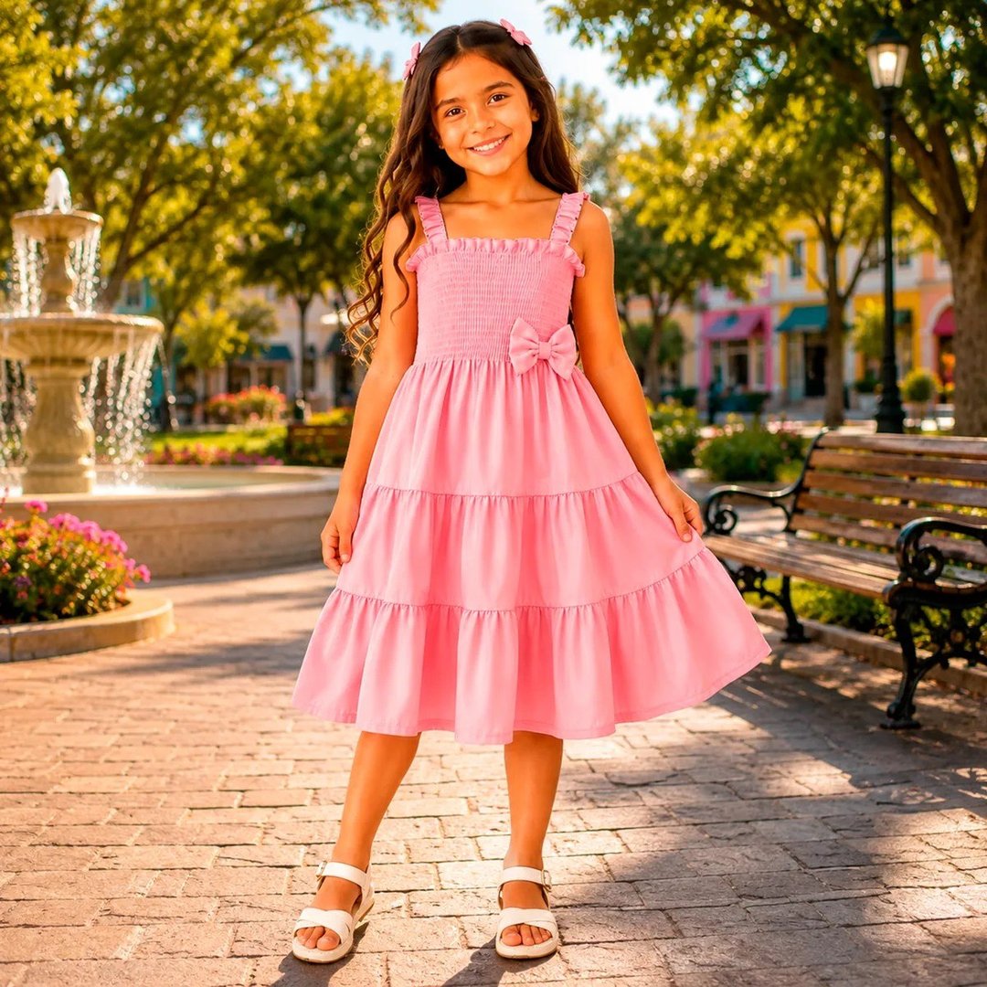 Vestido Infantil Midi Mr Modas Três Marias Com Laço - 9 cores