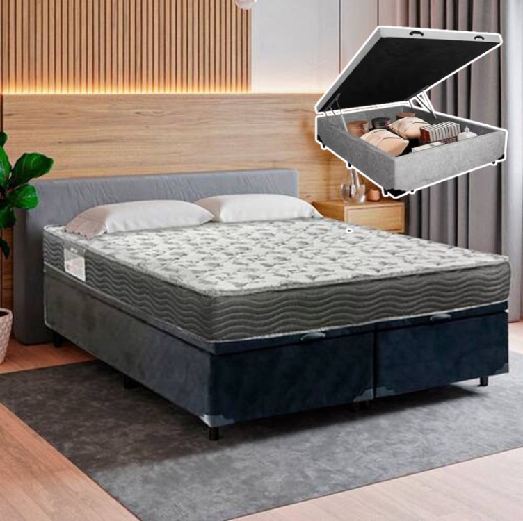 Cama Box Baú Casal Suede + Colchão De Espuma D33 - SerenePrime - 138cm Cinza