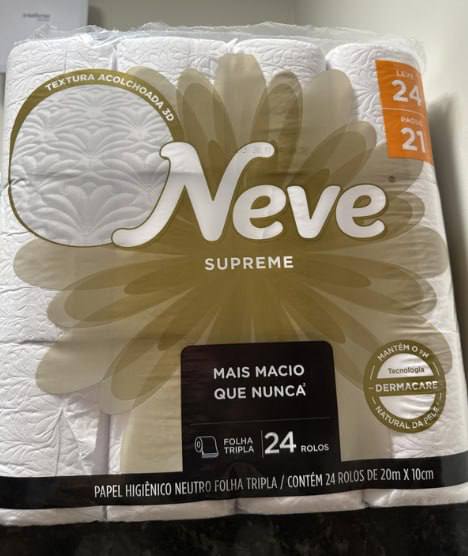 Neve Papel Higiênico Supreme Folha Tripla, 20m, Leve 24 Pague 21 Rolos