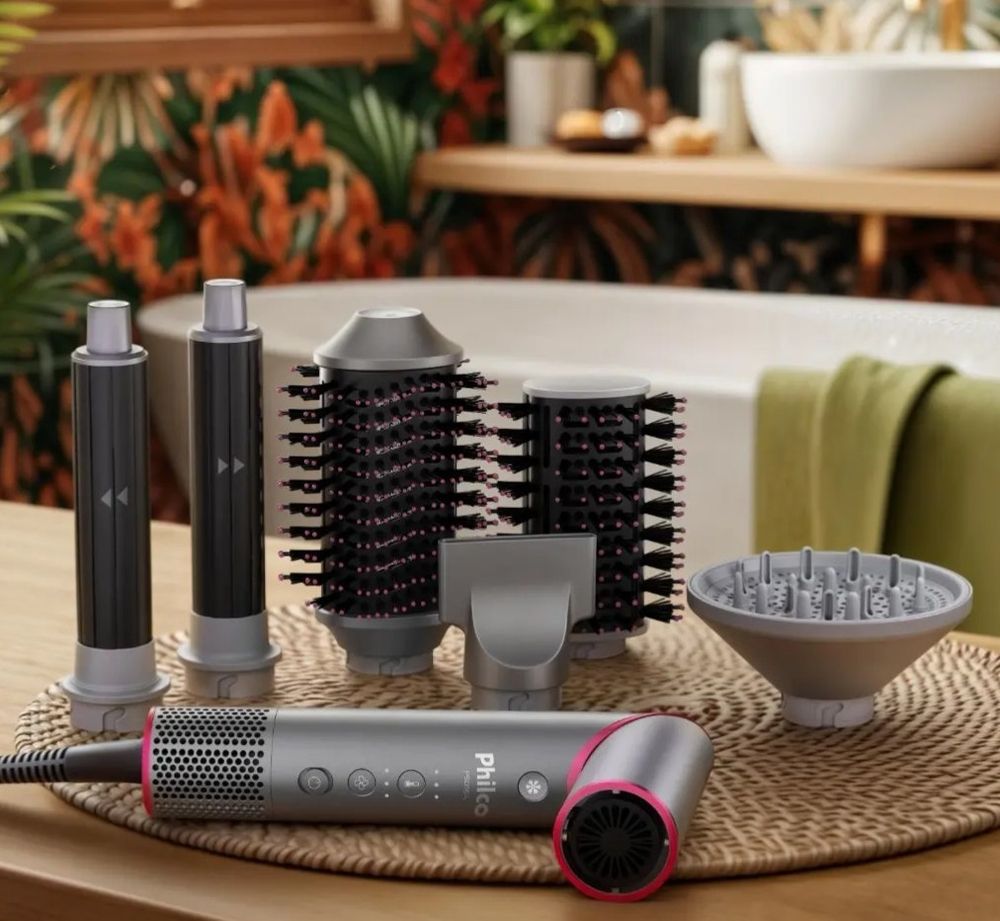 Secador De Cabelos Philco 6 em 1 Acessórios Fast Dry 1450w Cinza e Rosa - 110v