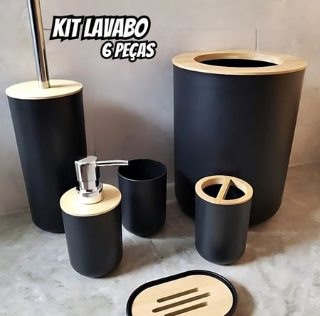 Conjunto Acessórios P Banheiro Lixeira Saboneteira 6 Peças Cor Preto