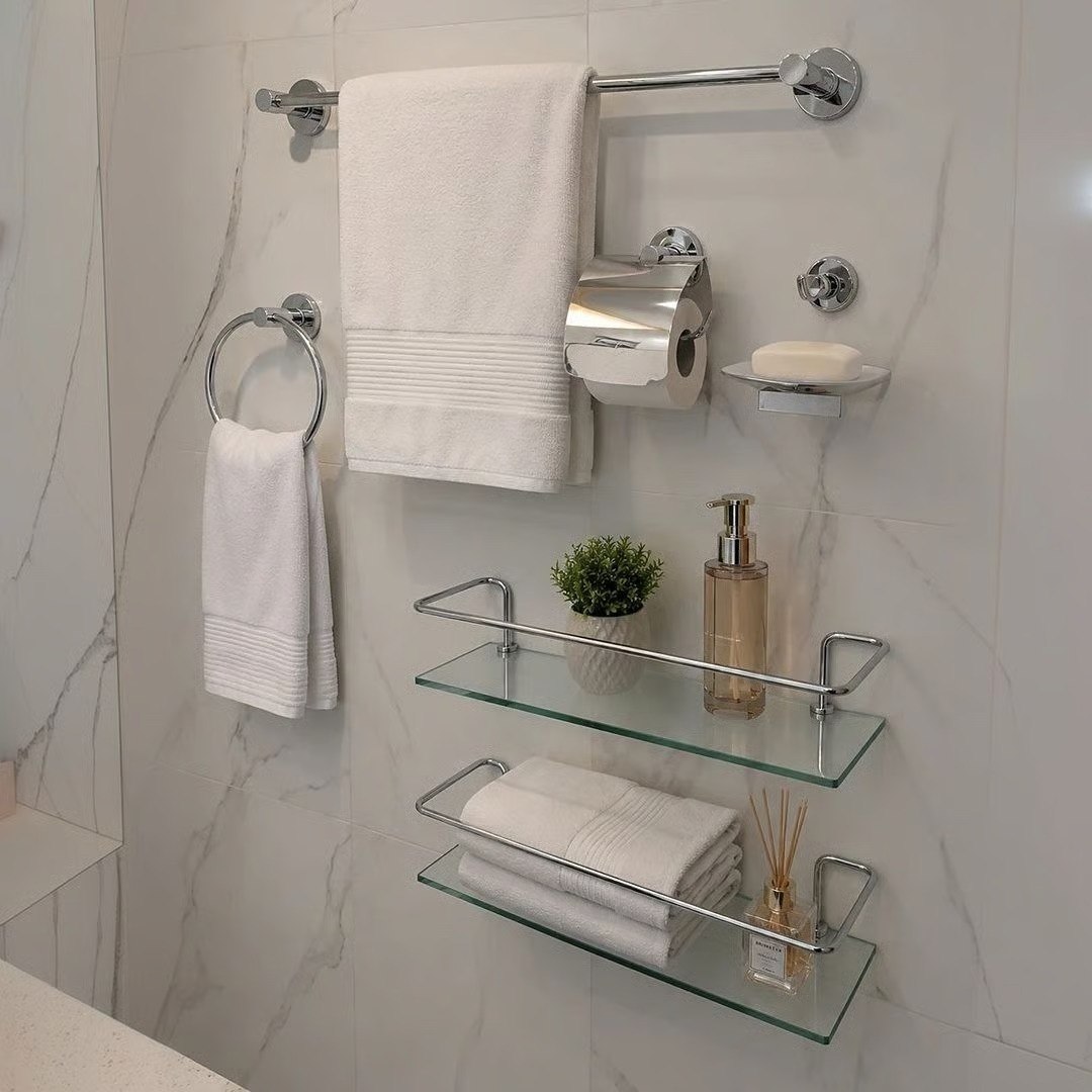 🤓Kit Acessórios Banheiro Inox 5peças + 1 Porta Shampoo Reto Cor Prateado