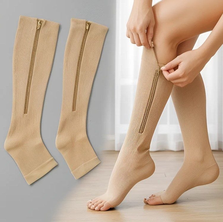 Par Meia Média Compressão Varizes Pernas Cansadas Inchaço Dores 3/4 Zíper 20-30 Mmhg Compr...