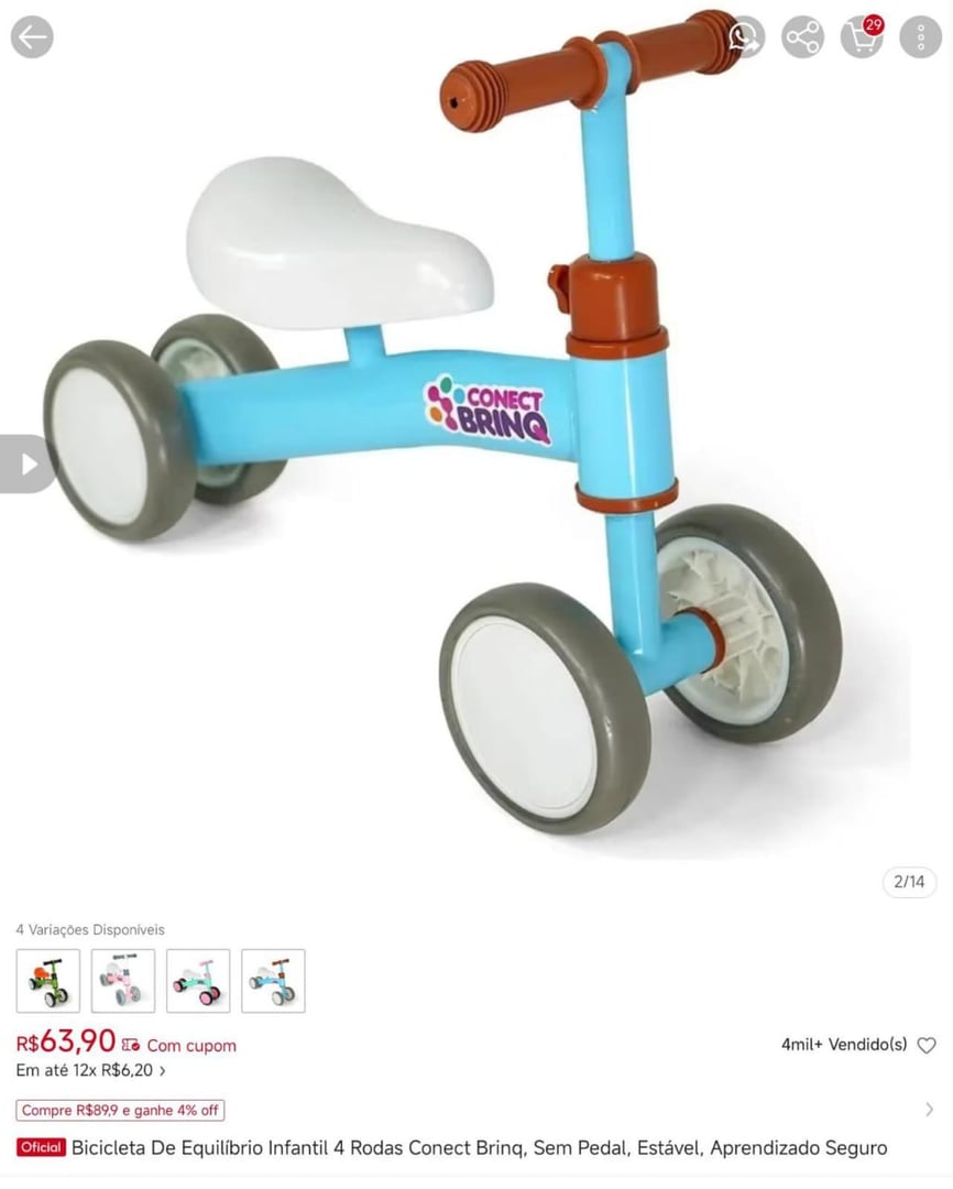 Bicicleta De Equilíbrio Infantil 4 Rodas Conect Brinq, Sem Pedal, Estável, Aprendizado Seg...