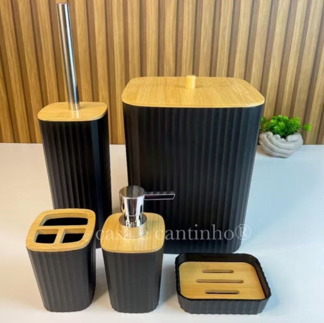Kit para Banheiro Bambu Plástico Porta Sabonete Escova de Vaso Lixeira Conjunto Preto Bran...