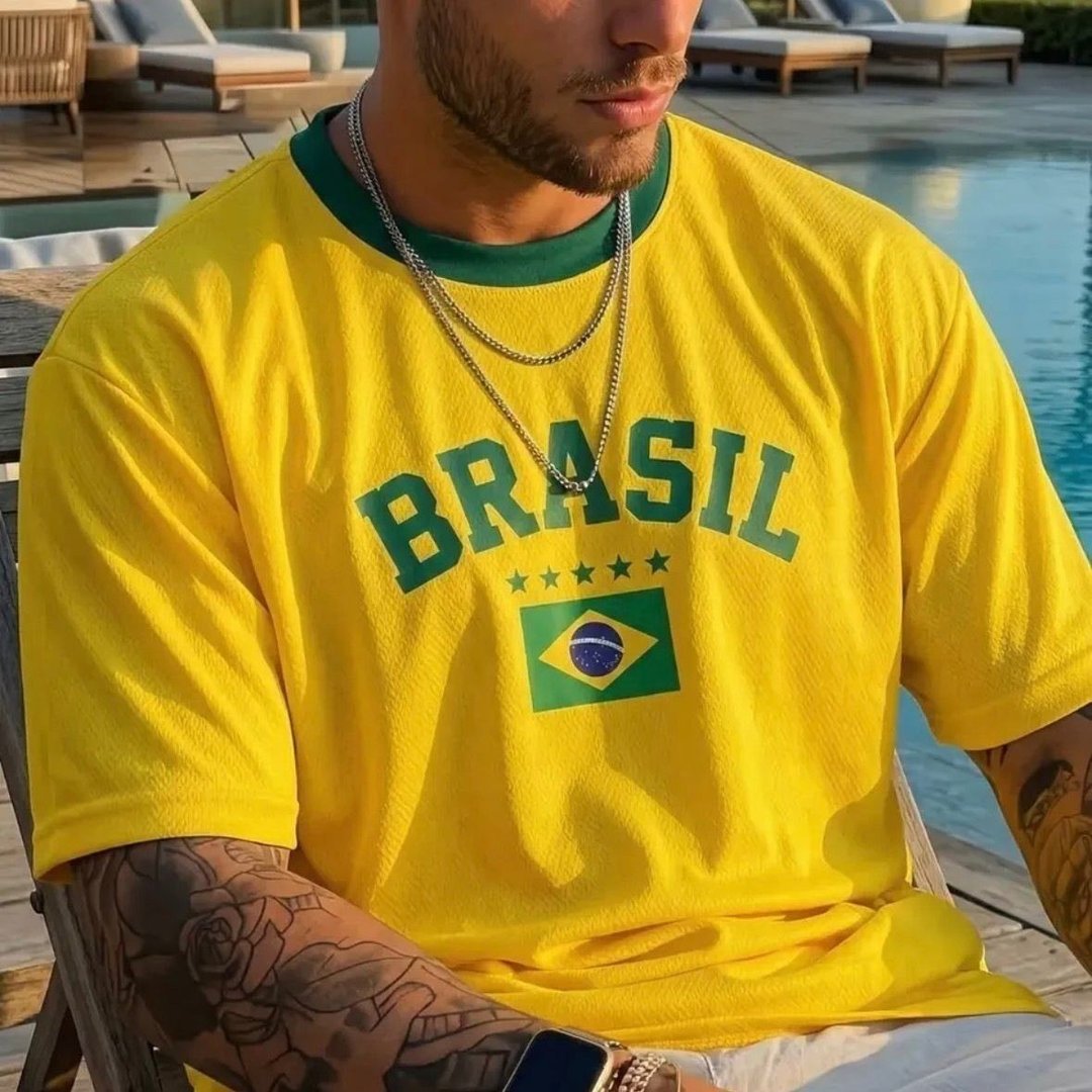 Blusa Brasil Retrô Estampada Bandeira Camiseta Masculina Amarelo M
