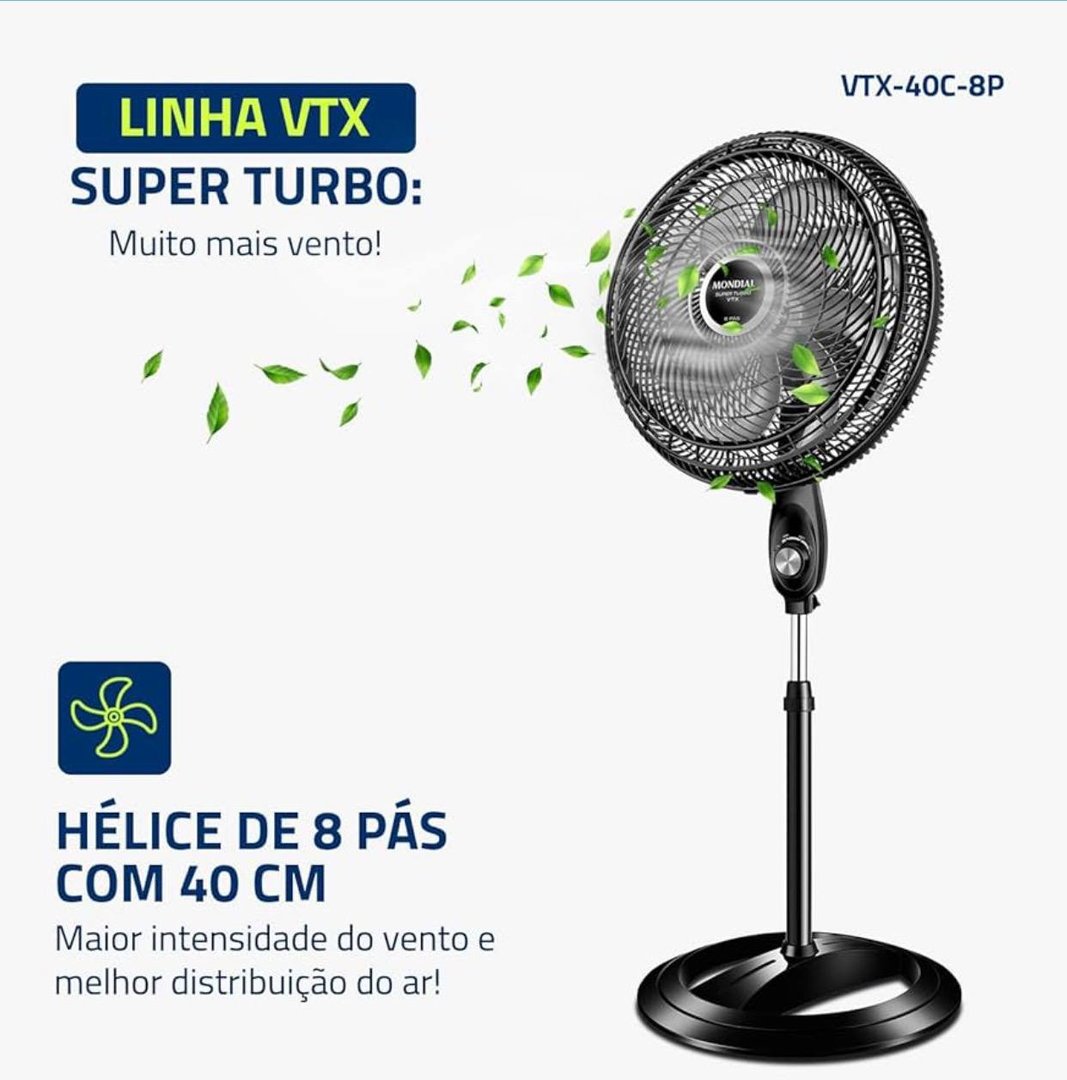 MONDIAL Ventilador Coluna, Turbo 8 Pás - 40cm, 110V, Preto/Prata, 140W - VTX-40C-8P