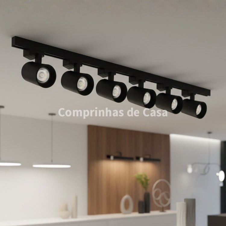 Kit Trilho Eletrificado Preto 2m Com 6 Spots Led 10w Luz Fria 6000k 127/220v