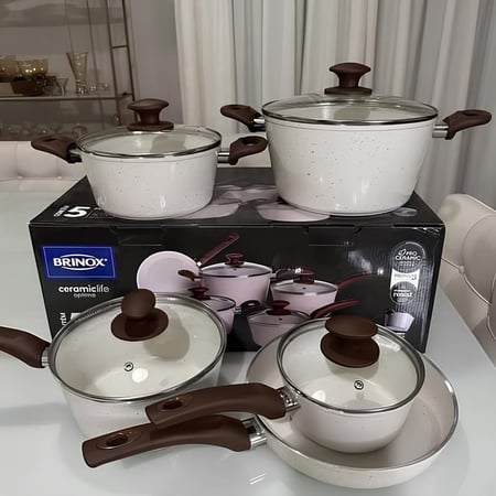 Jogo de Panelas Brinox Revestimento Cerâmico de Alumínio Vanilla 5 Peças Optima