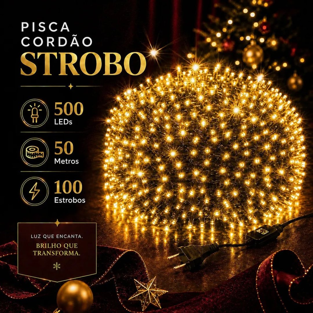 Strobo Natal 500 Leds Pisca 100 Flash 50m Prova D'água Bivolt Branco Quente