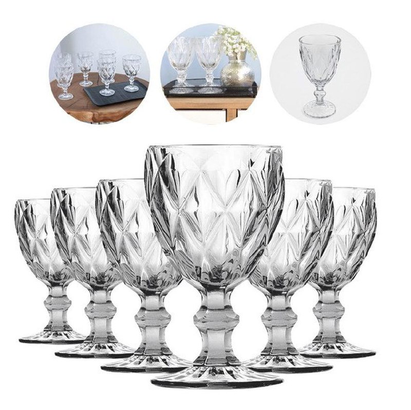 Jogo 6 Taças Diamante Vidro 330ml Copo Diamond Moderno Luxo Transparente Butter Cream Diam...