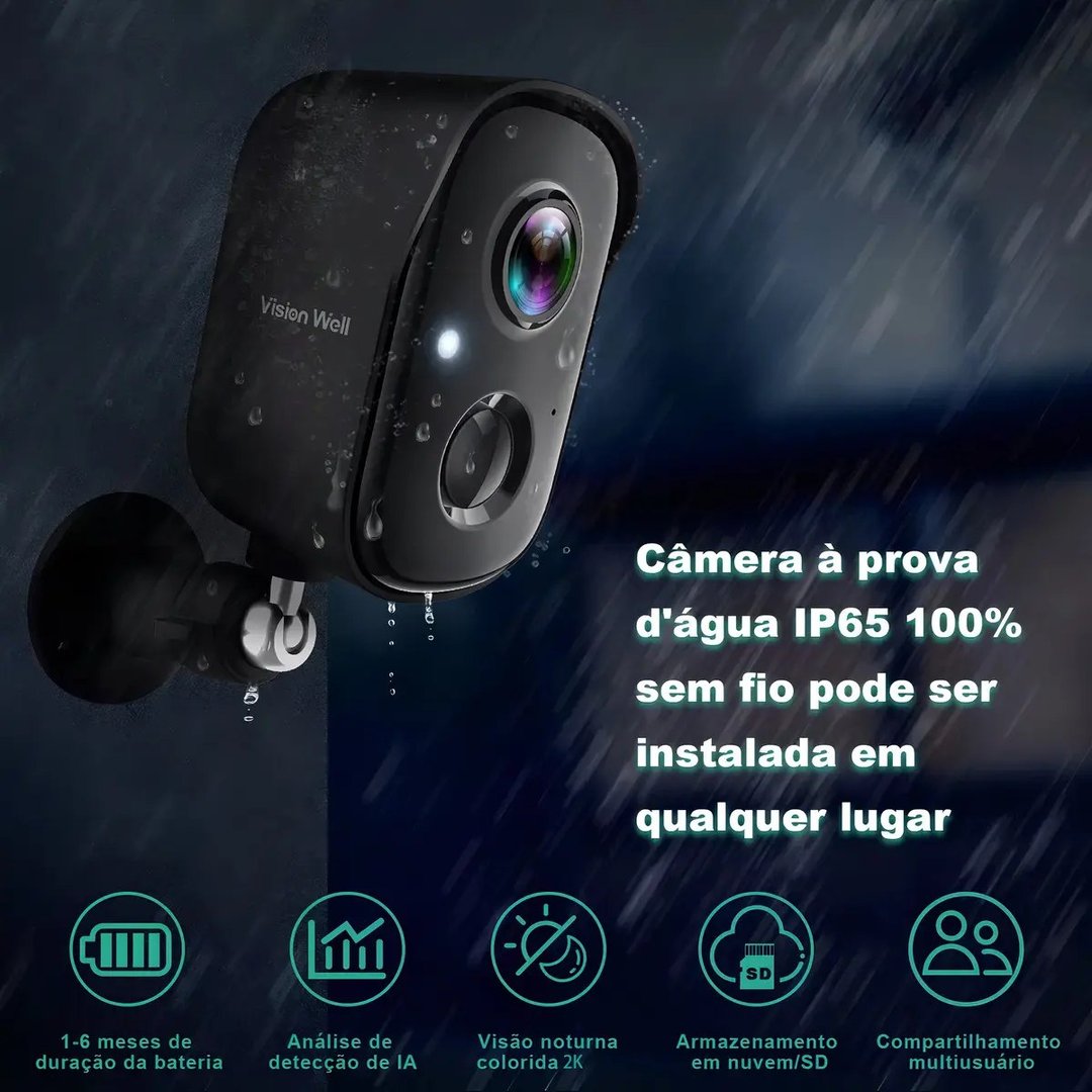 Câmera De Vigilância Residencial Sem Fio Com Bateria Wifi 2k Externa, Visão Noturna Colori...