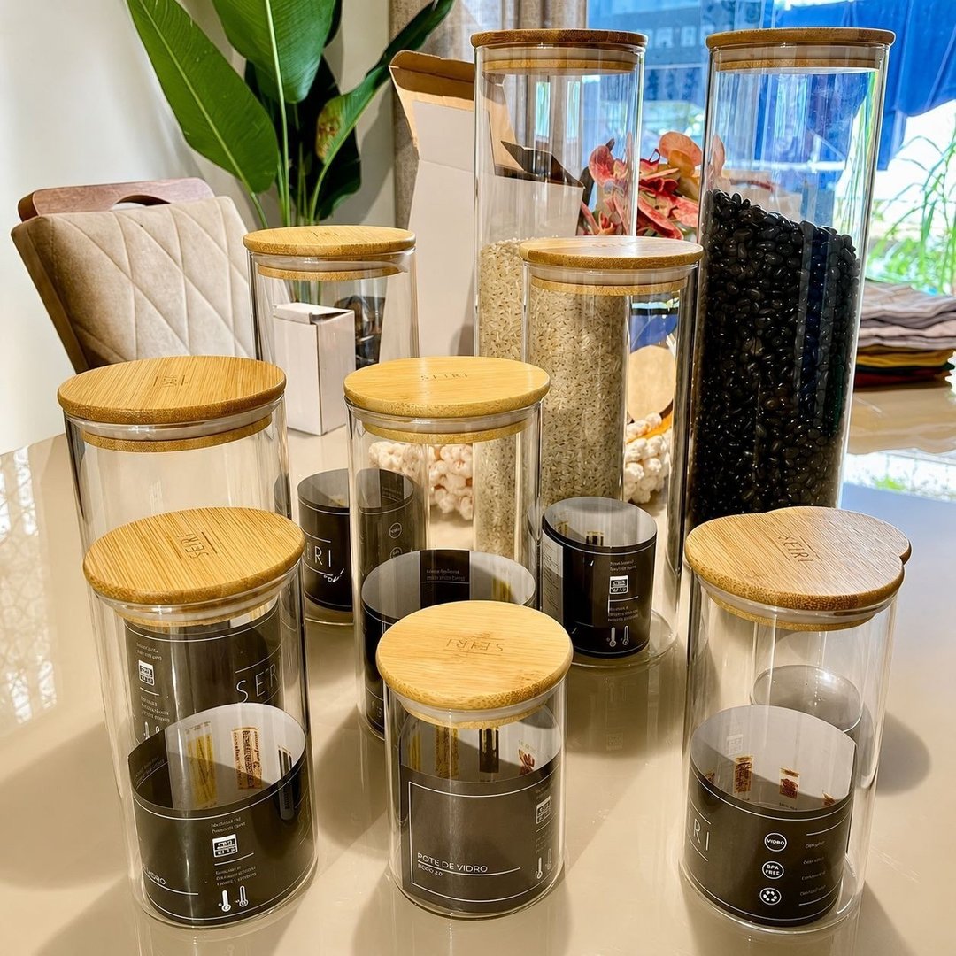 Kit 10 Potes Herméticos Vidro Tampa Bambu Seiri Para Mantimentos Cozinha Transparente