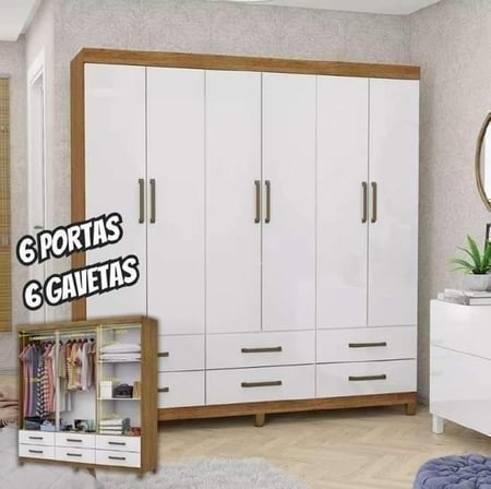 Guarda Roupa D22 6 Portas 6 Gavetas Carioca Móveis Cor Freijó Com Branco