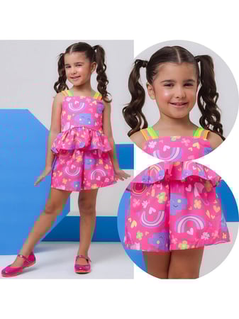 CONJUNTO INFANTIL MENINA BLUSA E BERMUDA COM BABADO VERÃO E ELASTICO