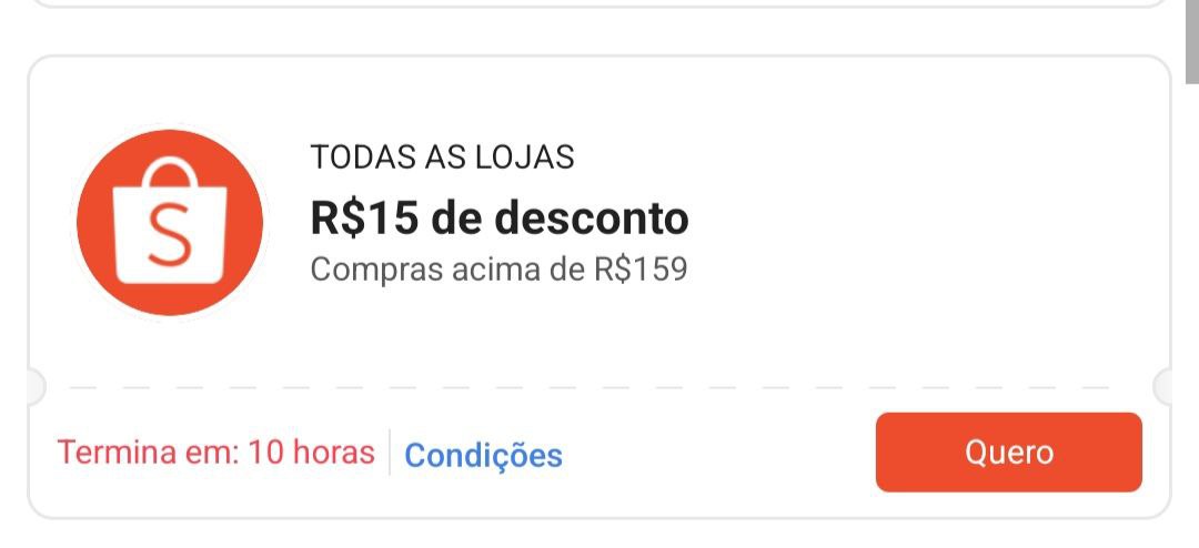 Cupom R$ 15 a partir dr R$ 159 - Shopee