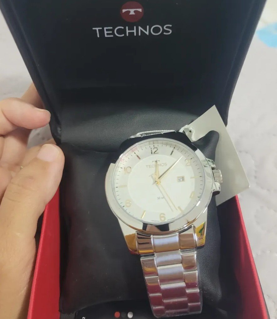 Relógio Technos Masculino Steel Prata Quartz Aço Inox Com Calendário Prateado Branco