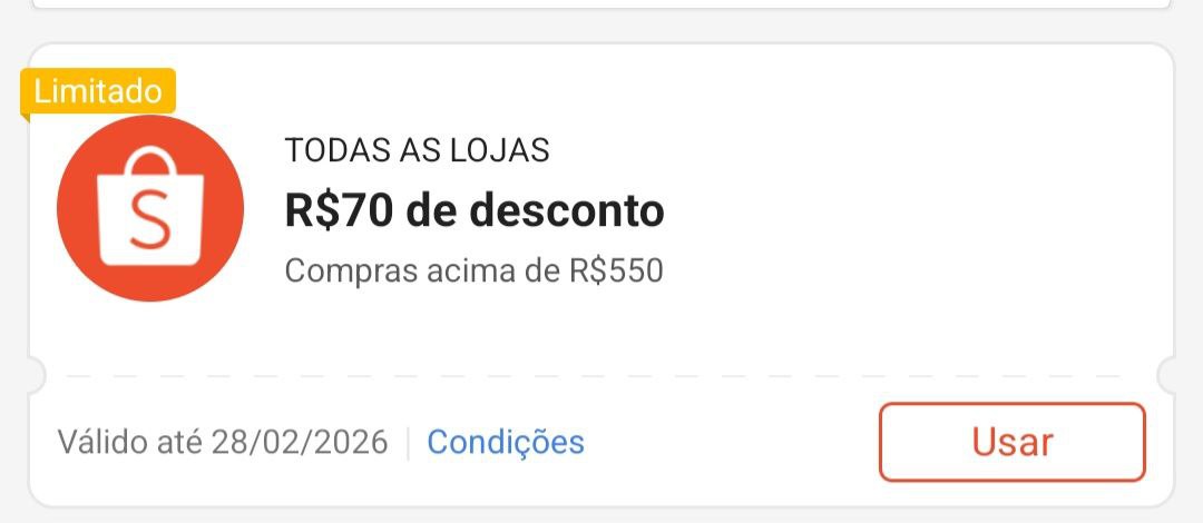 Cupom R$ 70 a partir de R$ 550 - Shopee