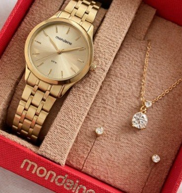 Kit Relógio Mondaine 32611lpmkde1k1 Dourado + Colar E Brincos