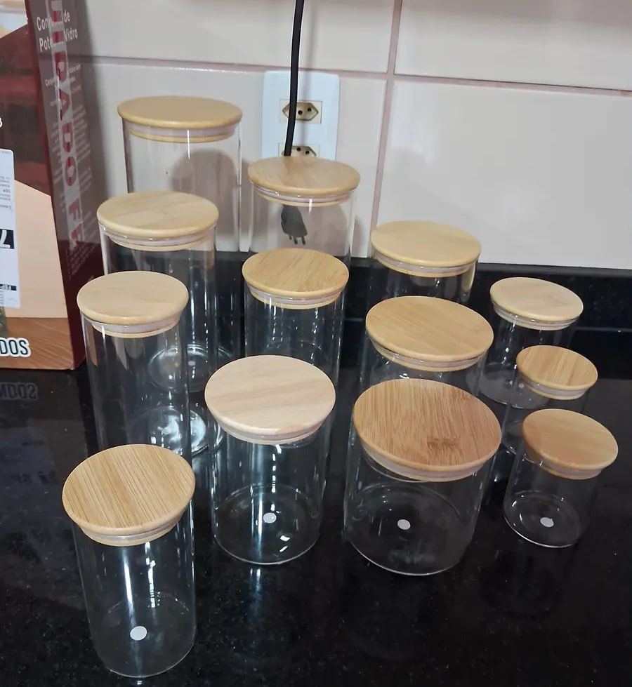 Kit 13 Potes De Vidro Herméticos Com Tampa De Bambu Organizador Para Mantimentos Grãos Café Cereais Massas Shokki