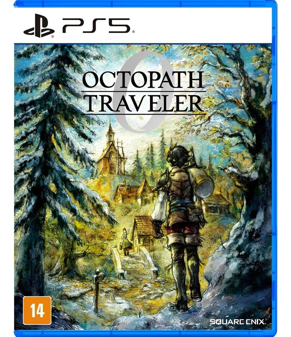 Capa frontal do jogo Octopath Traveler 0 para PlayStation 5, exibindo arte ilustrativa com um personagem caminhando em direção a uma igreja em uma paisagem invernal, com o selo da Square Enix e classificação indicativa 14 anos.